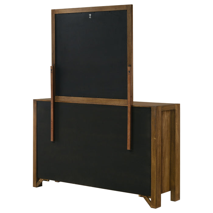 CoasterEveryday Adderley 8-drawer bedroom dresser with mirror in warm brown wood finish, showing the dresser and attached mirror.