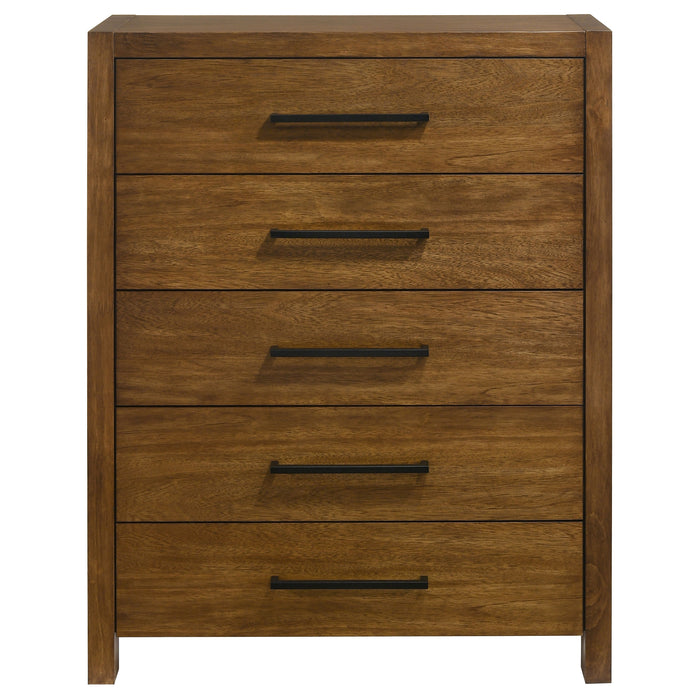 CoasterEveryday Adderley 5-drawer bedroom chest of drawers in warm brown wood finish, showcasing sleek furniture design