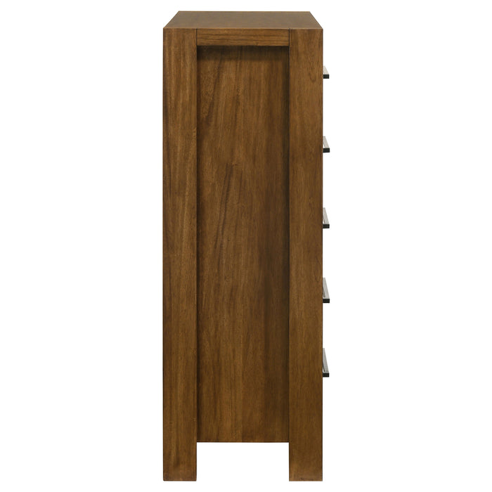 CoasterEveryday Adderley 5-drawer bedroom chest of drawers in warm brown wood finish with sleek handles and modern design.