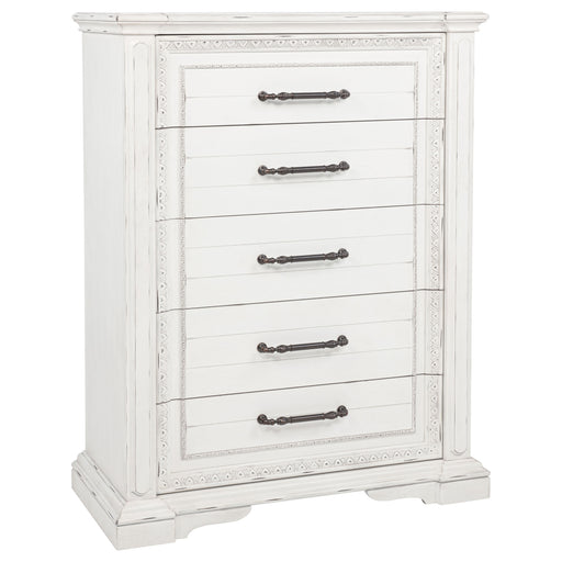 Vintage white McKinney 5-drawer bedroom chest of drawers by CoasterEveryday, featuring classic furniture design with metal handles.