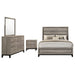 Light taupe Valen four-piece bedroom furniture set by CoasterEveryday, including a bed frame, nightstands, and dressers.