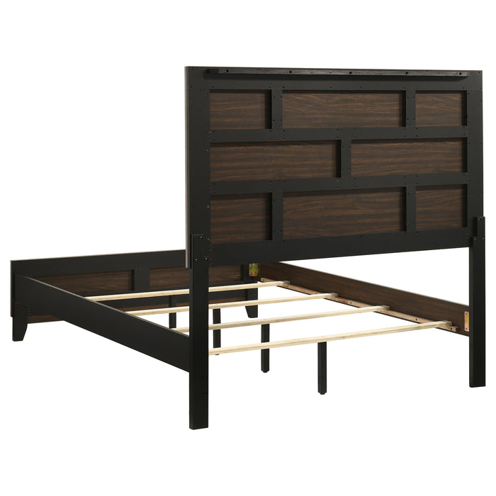Light taupe Valen four-piece full bedroom furniture set by CoasterEveryday, including a bed, dresser, nightstands, and mirror.