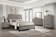 Light taupe CoasterEveryday Valen five-piece full bedroom furniture set with bed frame, dresser, and nightstands in a modern design.