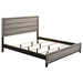 Light taupe California King panel bed by CoasterEveryday featuring a sleek wooden frame and modern furniture design.