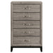 Light taupe Valen 5-drawer bedroom chest of drawers by CoasterEveryday, showcasing sleek furniture with modern handles and smooth finish.