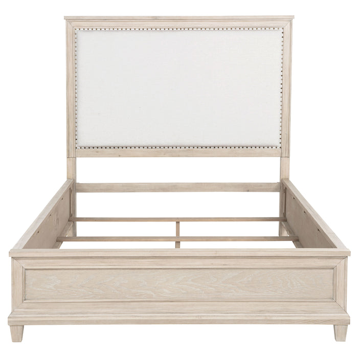 Wooden Pembroke 66-inch Queen Panel Bed in washed oak finish, showcasing the headboard and bed frame design.