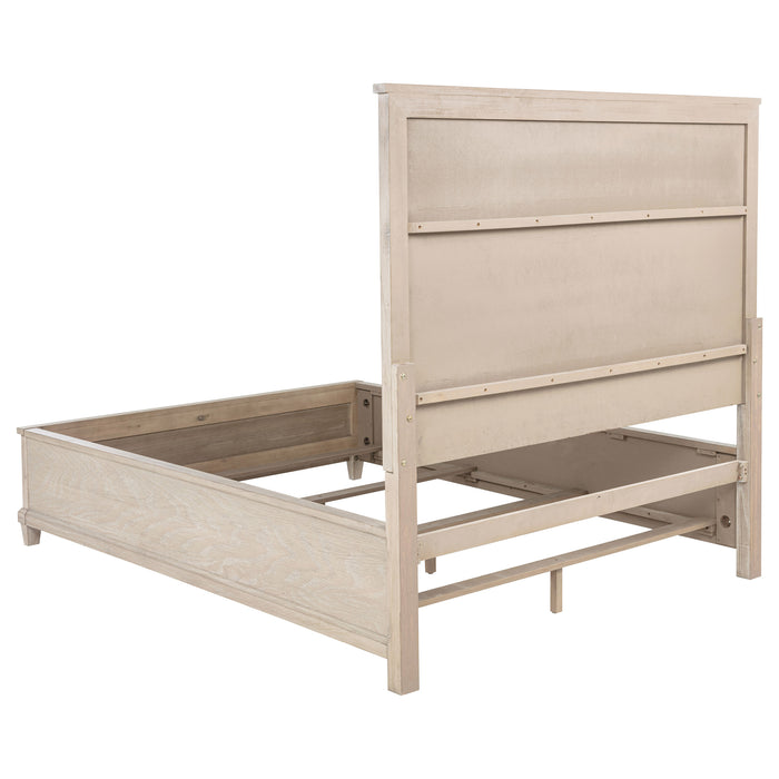 Washed oak Pembroke 66-inch Queen Panel Bed from CoasterEveryday, showcasing its wooden frame and classic furniture design.