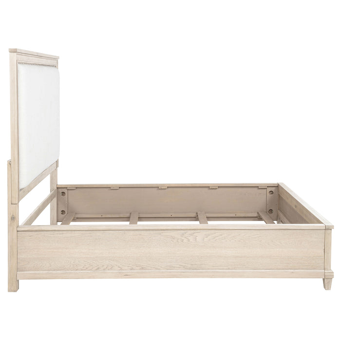 Queen panel bed in washed oak finish, 66-inch size, showcasing the CoasterEveryday Pembroke furniture with a sturdy wooden frame.