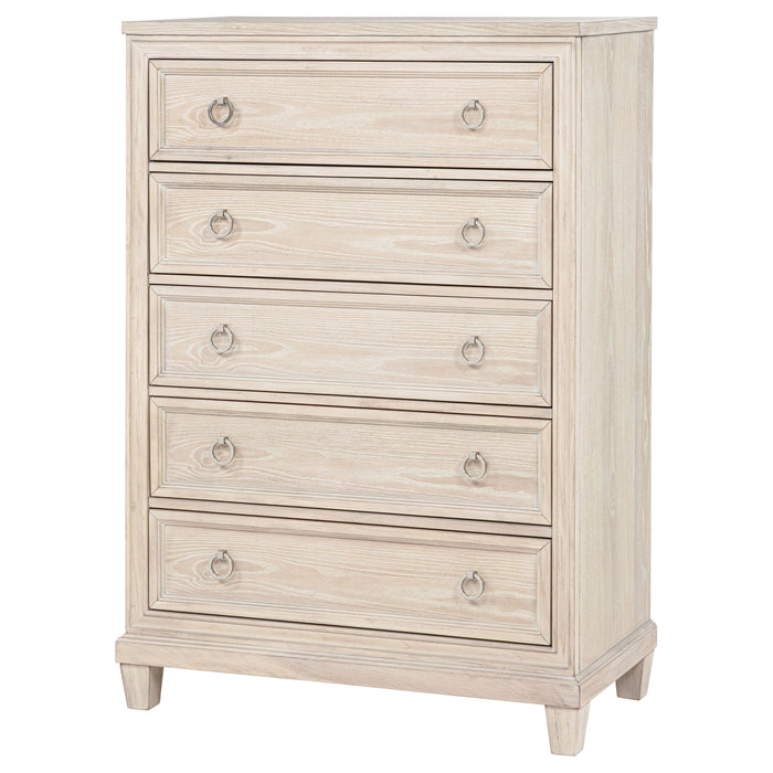 Pembroke 5-drawer chest of drawers in washed oak wood, modern furniture piece with sleek design and metal handles.
