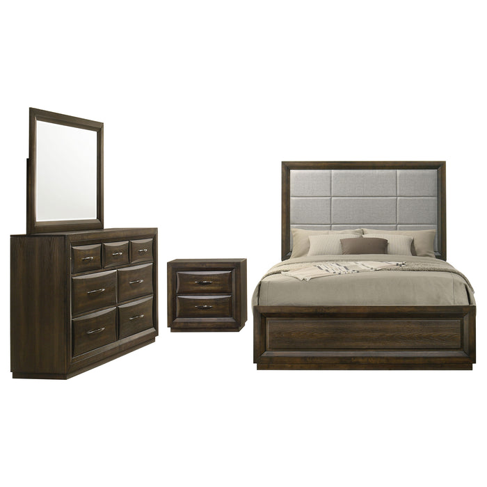CoasterEveryday Atlas 4-piece Eastern King bedroom set in dark oak with bed, dresser, mirror, and nightstand
