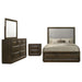 CoasterEveryday Atlas 4-piece Eastern King bedroom set in dark oak with bed, dresser, mirror, and nightstand