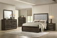 Gray and dark oak upholstered panel bed with a 63-inch Eastern King size, featuring a modern furniture design by CoasterEveryday.