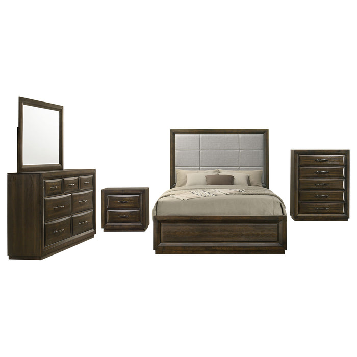 CoasterEveryday Atlas 5-piece California king bedroom set in dark oak with bed, dresser, mirror, and nightstands