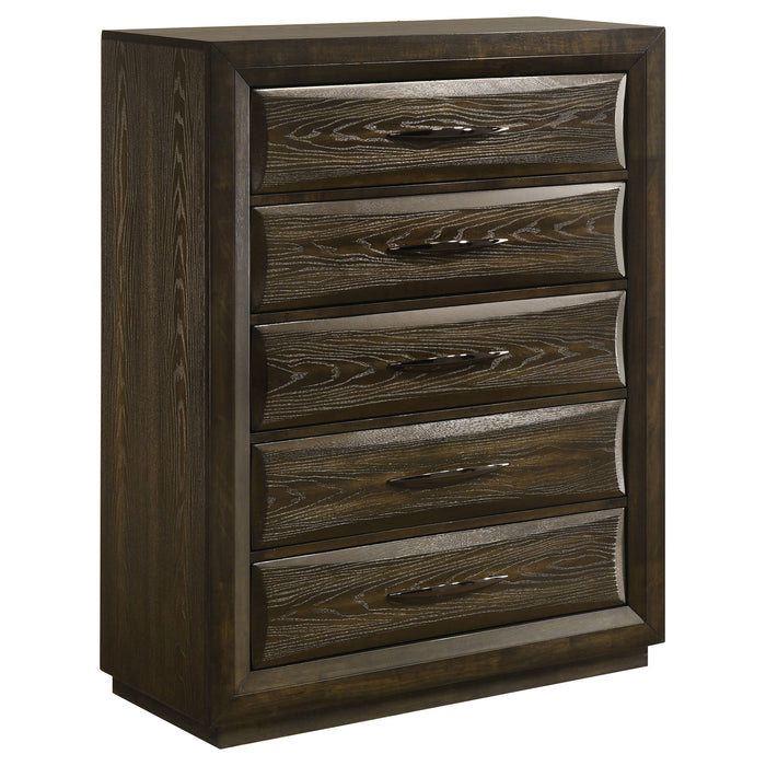 CoasterEveryday Atlas 5-piece California king bedroom set in dark oak with bed, dresser, mirror, and nightstands