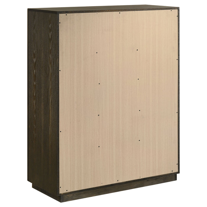 CoasterEveryday Atlas 5-piece California king bedroom set in dark oak with bed, nightstands, dresser, and mirror