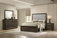 CoasterEveryday Atlas 4-piece queen bedroom set in dark oak with bed, dresser, mirror, and nightstand