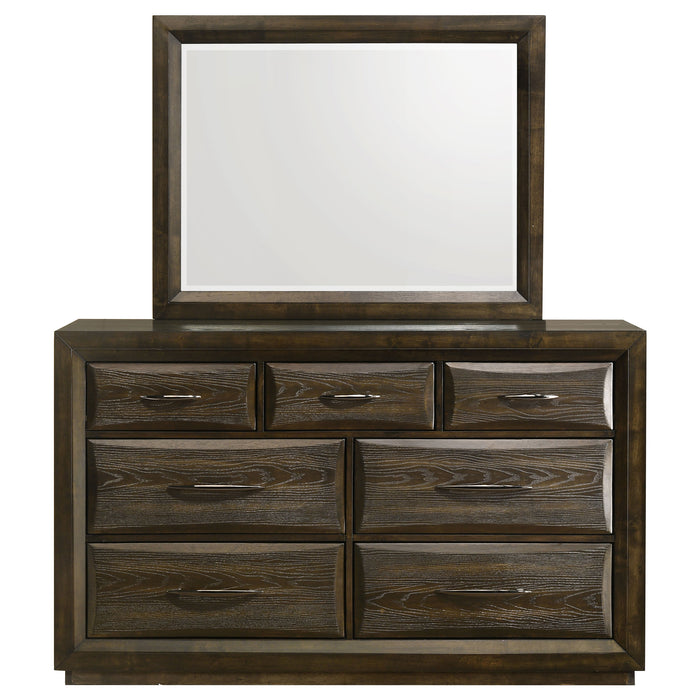 Dark oak Atlas 7-drawer bedroom dresser with matching mirror from CoasterEveryday, showcasing sleek modern furniture design.