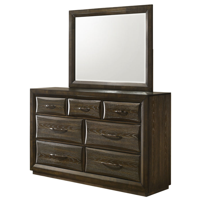 Dark oak Atlas 7-drawer bedroom dresser with matching mirror, featuring sleek modern furniture design by CoasterEveryday.
