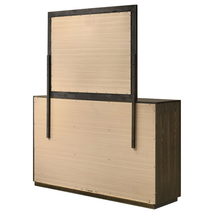 Dark oak Atlas 7-drawer bedroom dresser with matching mirror, wooden furniture piece by CoasterEveryday.