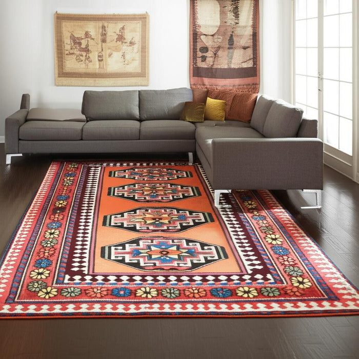 9' X 13' Tribal Washable Area Rug With UV Protection (610090) - Red / Orange
