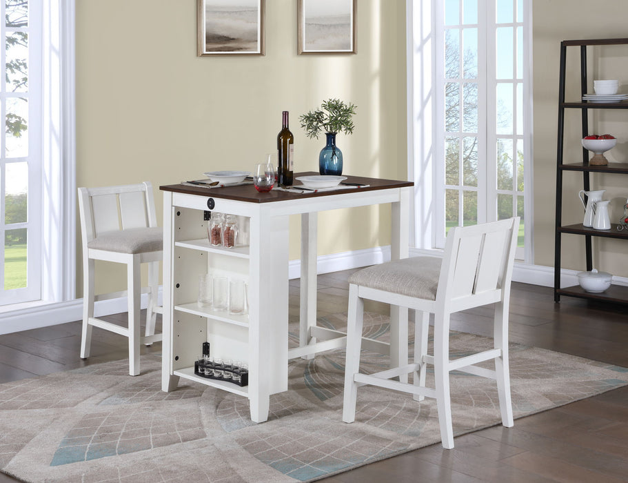 Giga Graham 3-piece small space counter height dining set with shelves and two chairs, compact dining room furniture for small areas.