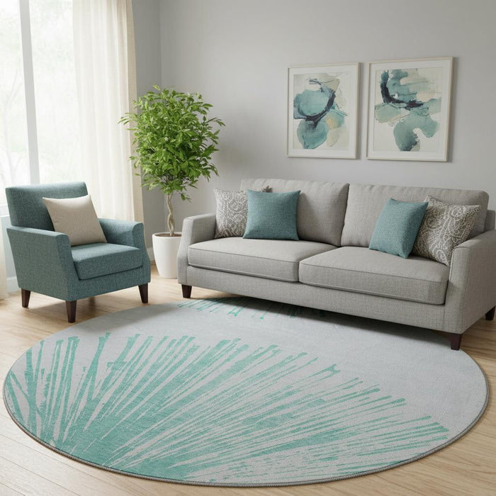 8' Abstract Washable Round Rug With UV Protection (653557) - Teal / Ivory