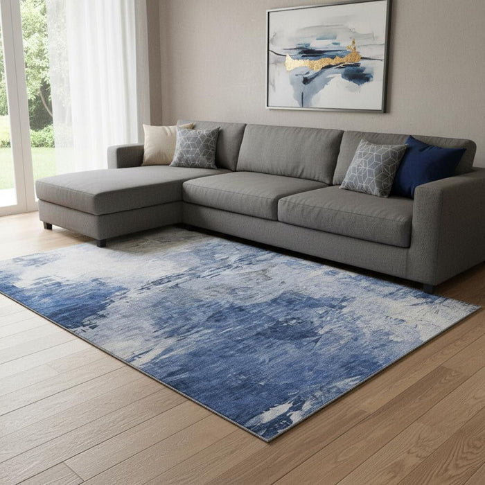 8' X 10' Abstract Washable Area Rug With UV Protection (650720) - Blue / Ivory
