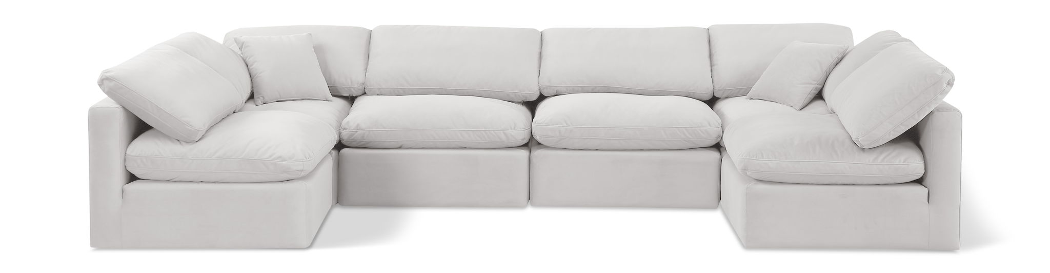 Velvet 6-piece U-shaped sectional sofa by Meridian Furniture, featuring plush cushions and modern modular design.