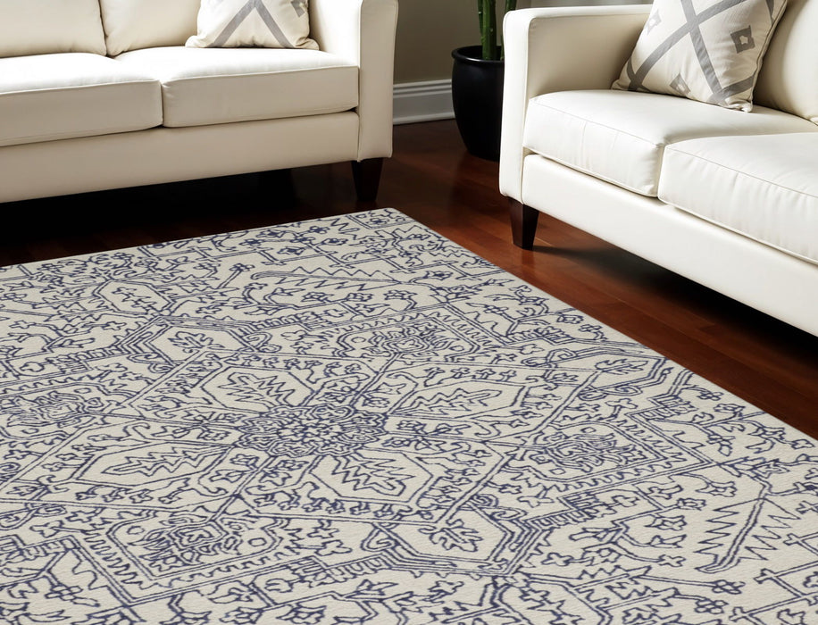 10' X 14' Wool Oriental Hand Tufted Area Rug - Ivory / Blue