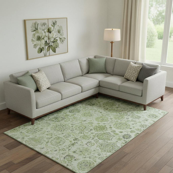 10' X 14' Damask Washable Area Rug With UV Protection (705113) - Artichoke Green / Gray
