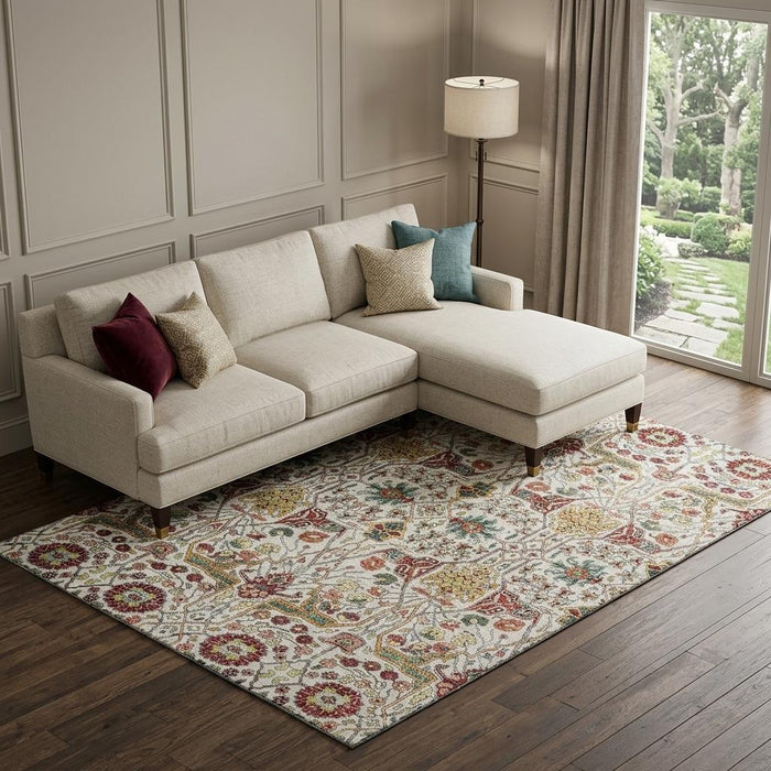 10' X 14' Floral Washable Area Rug With UV Protection (686000) - Ivory / Gold / Red / Teal