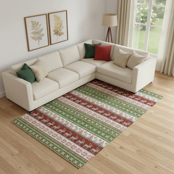 10' X 14' Abstract Geometric Washable Area Rug With UV Protection (701900) - Green / Ivory / Red