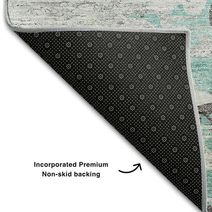 10' X 14' Abstract Washable Area Rug With UV Protection (656963) - Teal / Gray / Ivory