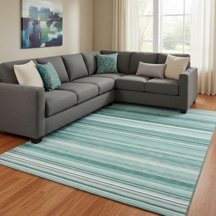 10' X 14' Striped Washable Area Rug With UV Protection (647692) - Aqua / Ivory