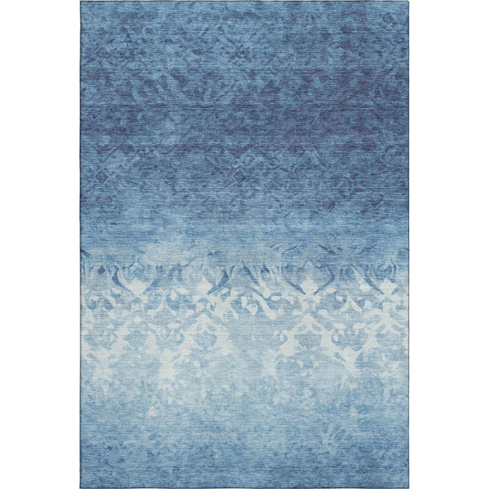 10' X 14' Damask Washable Area Rug With UV Protection (709432) - Denim Blue / Ivory