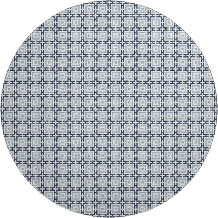 8' Geometric Washable Round Rug With UV Protection (645268) - Navy Blue / Ivory