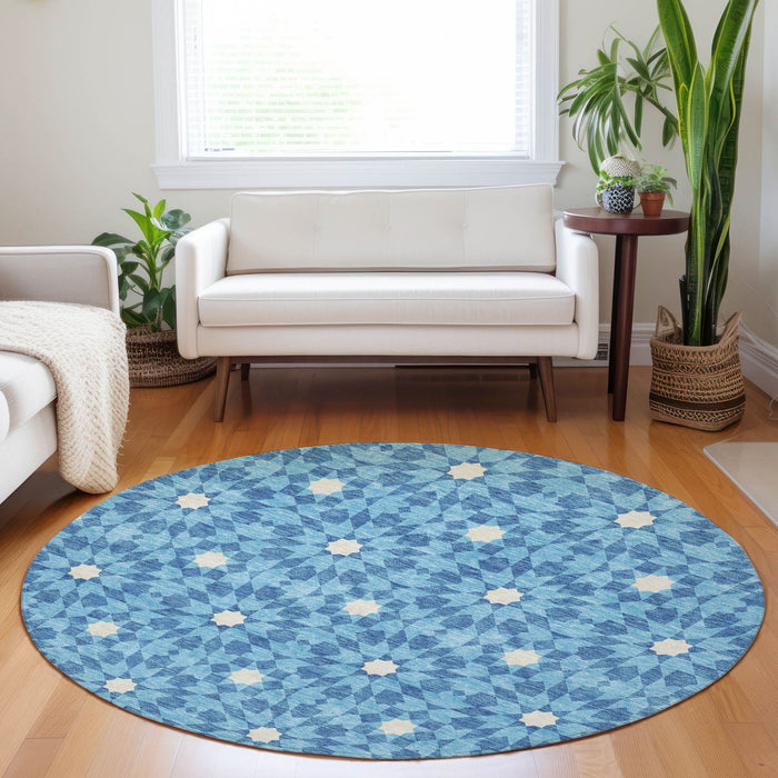 8' Geometric Washable Round Rug With UV Protection - Denim Blue / Ivory