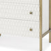 Wood and metal 32-inch accent cabinet with carved geometric design, three drawers, in gold and white from HomeRoots.