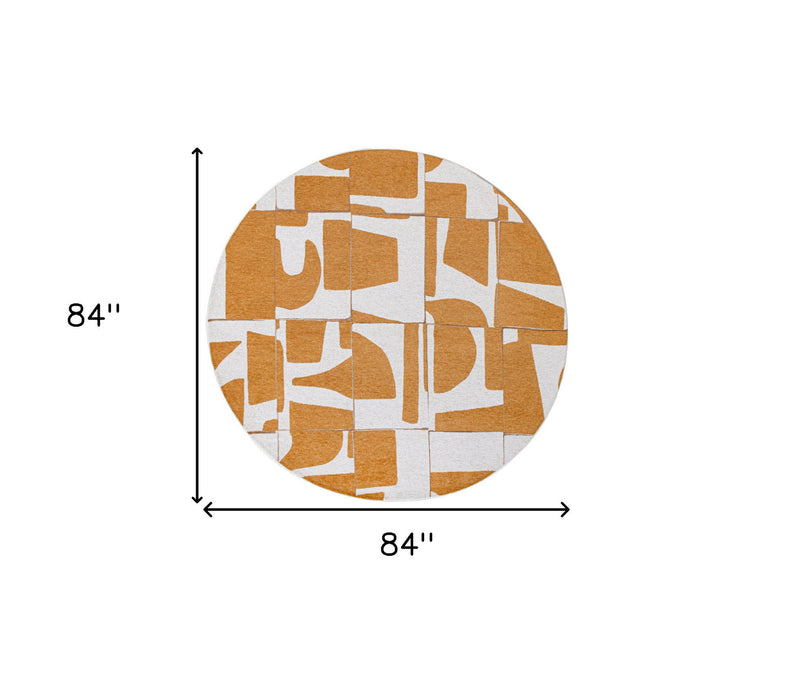 8' Round Geometric Non Skid Area Rug - Yellow And White