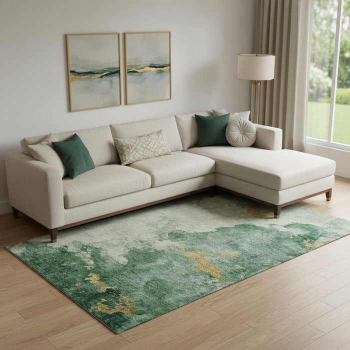 10' X 14' Abstract Washable Area Rug With UV Protection (718145) - Emerald / Gold