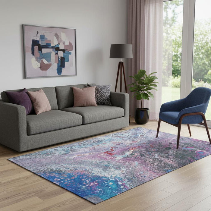 5' X 8' Abstract Washable Area Rug With UV Protection (650418) - Blue / Pink / Purple