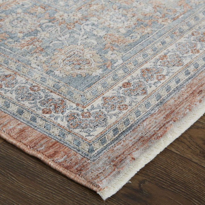12' Oriental Power Loom Worn Faded Runner Rug With Fringe - Blue And Red