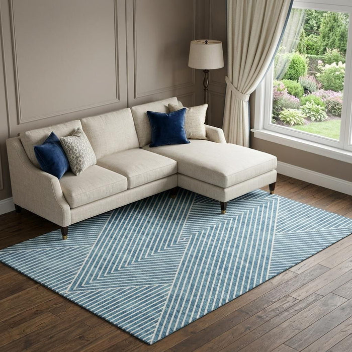 10' X 14' Geometric Washable Area Rug With UV Protection (674676) - Teal / Ivory