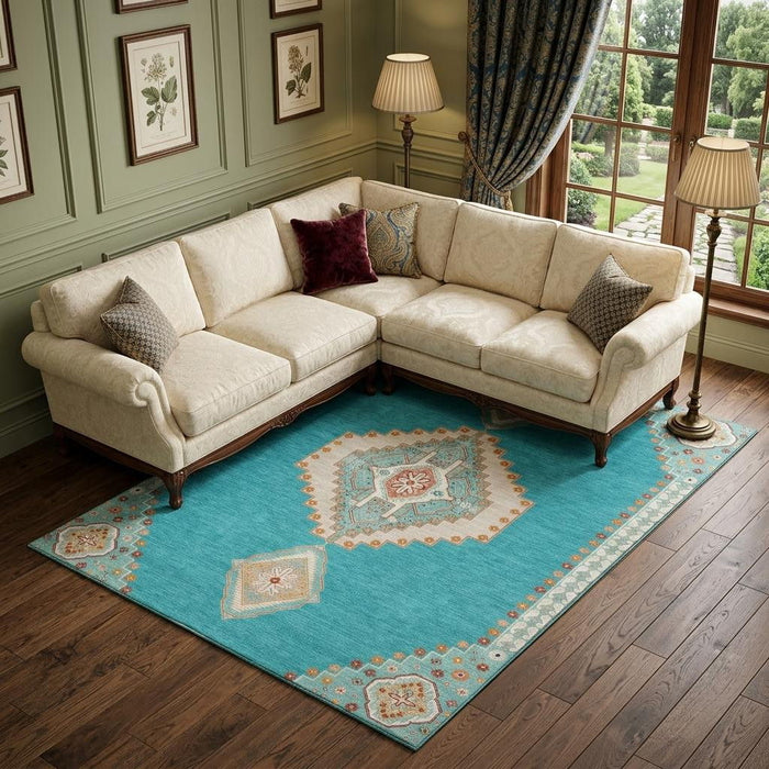 10' X 14' Oriental Washable Area Rug With UV Protection (679606) - Teal / Salmon / Beige