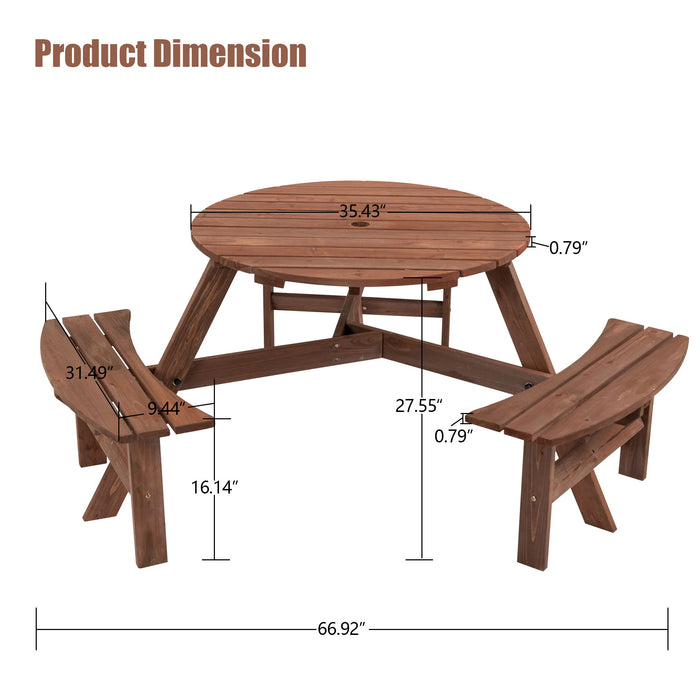 Giga 6-person outdoor wooden picnic table with circular design, three built-in benches, suitable for patio, backyard, garden.