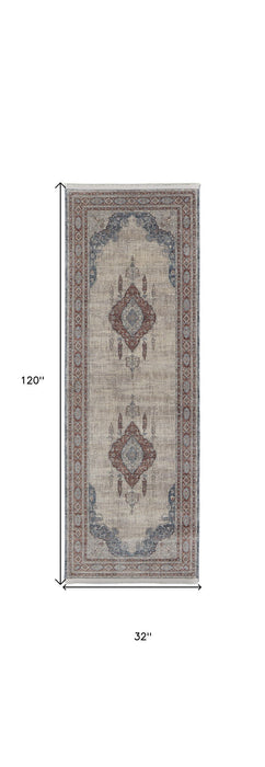 10' Floral Power Loom Stain Resistant Runner Rug - Gray Red And Blue