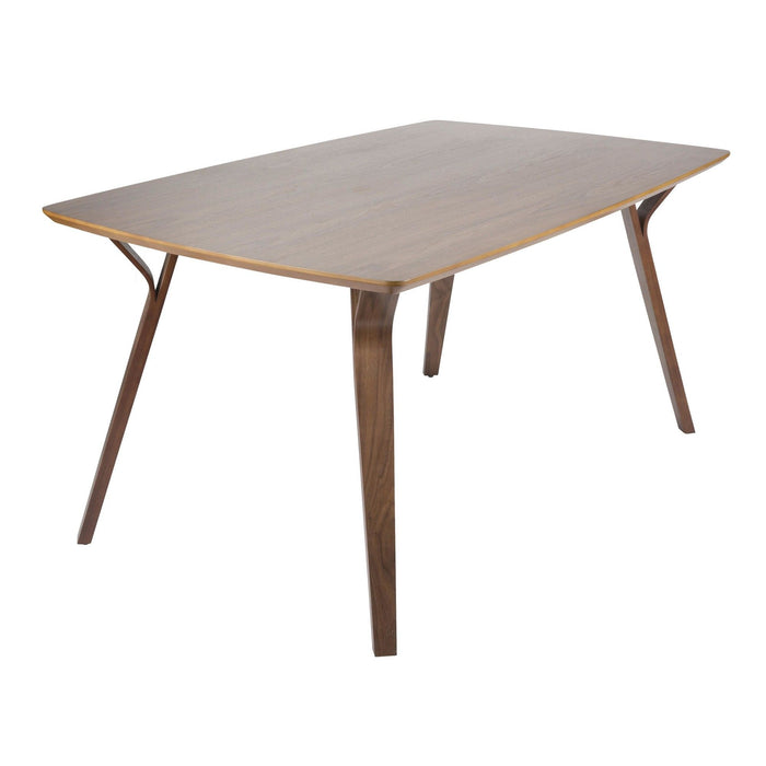 Folia - Pebble Mid-Century Modern 7 Piece Dining Room Set - Walnut Wood, Walnut Metal And Blue Fabric