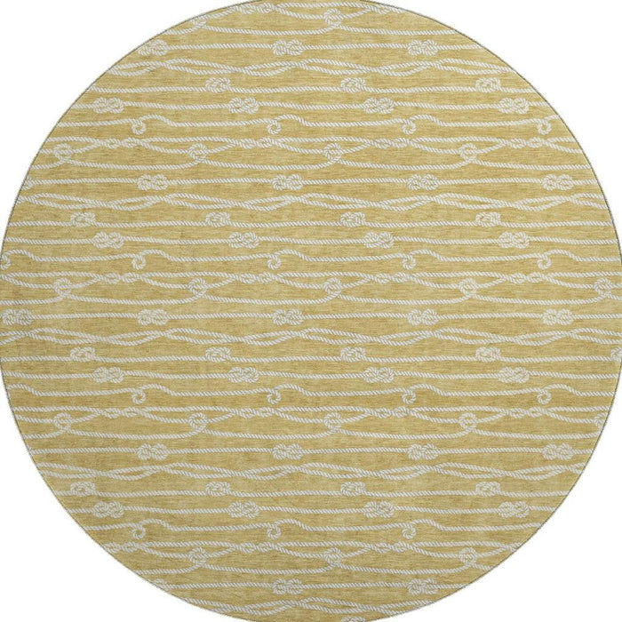 8' Nautical Washable Round Rug With UV Protection - Gold And Ivory