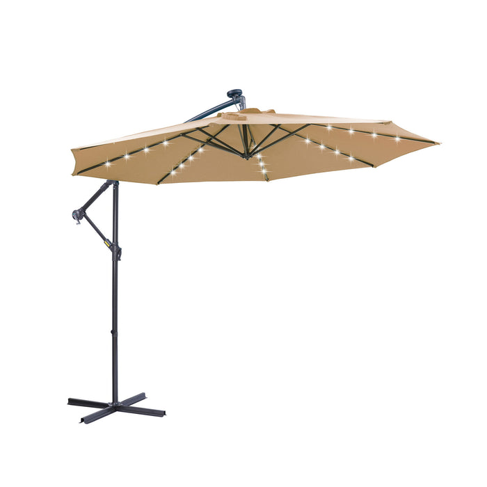 Giga 10 ft taupe outdoor cantilever patio umbrella with LED lights, metal frame, easy open, hanging design for shaded outdoor space