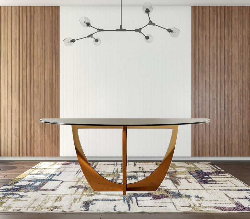 Glass Stainless Steel Pedestal Base Oval Dining Table - Clear / Gold